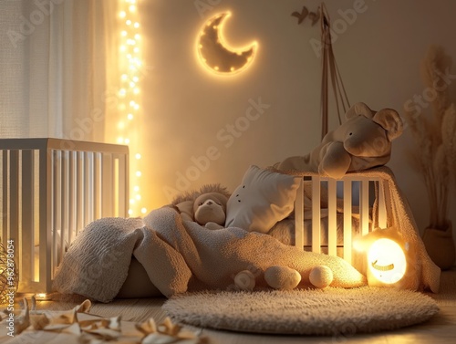A cozy and serene background with a baby sleeping area, perfect for baby product advertisements