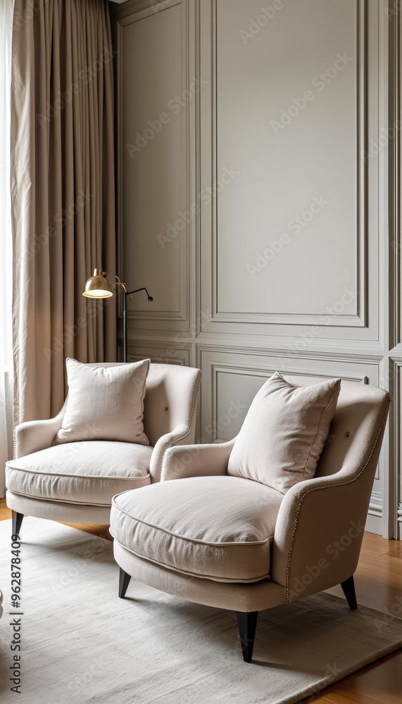 Fototapeta premium Two Beige Armchairs in a Modern Living Room
