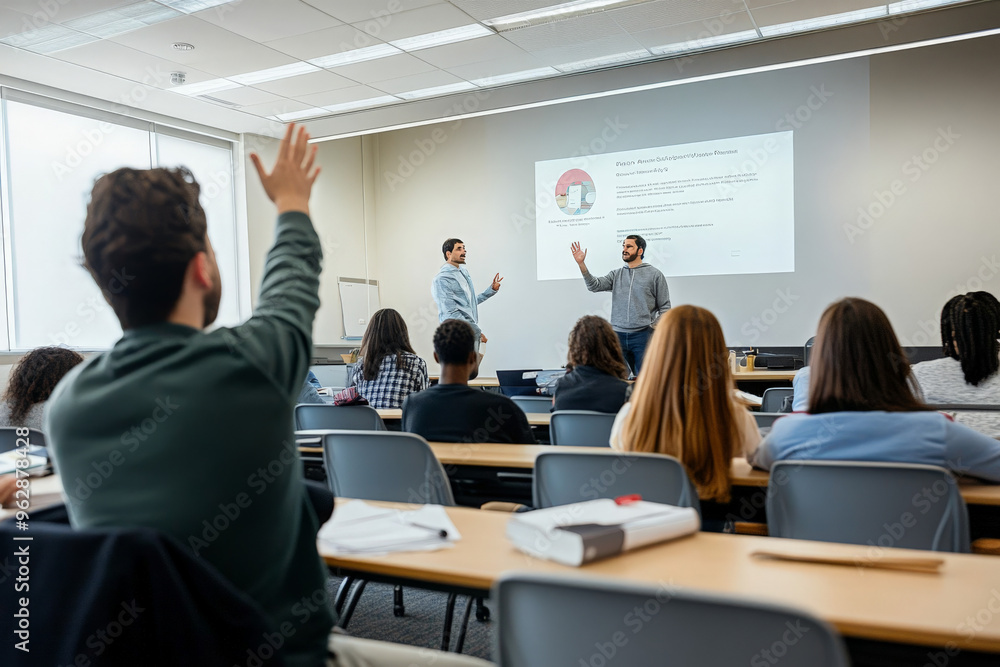 A student raises their hand to ask a question during a lecture in a college classroom. A student raises their hand to ask a question during a lecture in a college classroom.