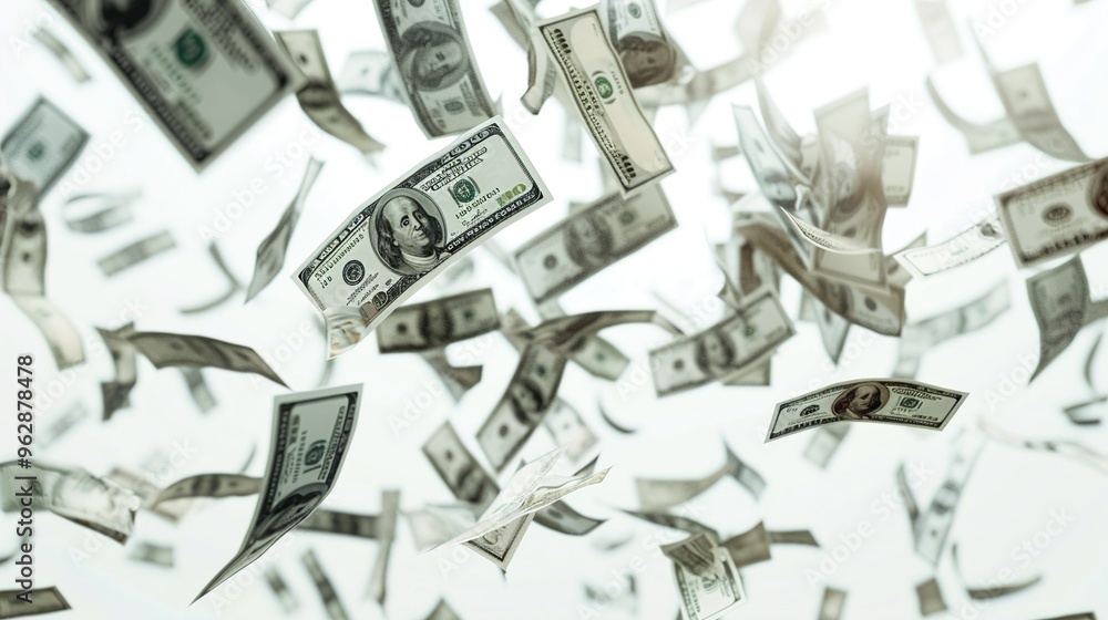 A cascade of flying hundred-dollar bills with detailed textures on a white background. A cascade of flying hundred-dollar bills with detailed textures on a white background.