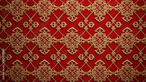 A high-resolution digital rendering of a Chinese fabric pattern featuring elegant repeating patterns of Chinese knots and medallions in bold red and gold.