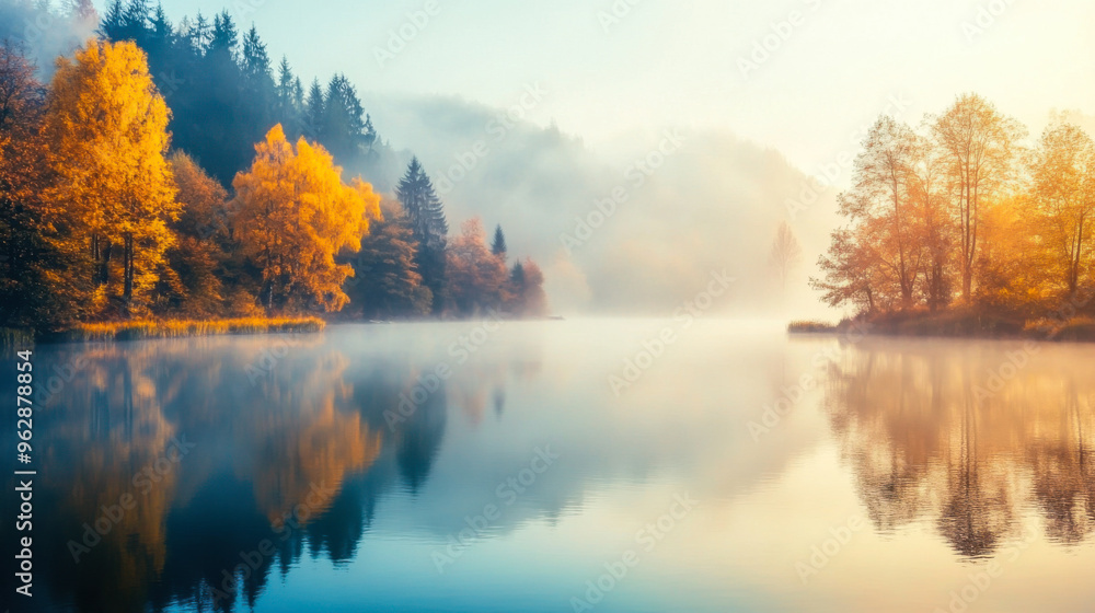 Serene autumn morning mist over a calm lake surrounded by colorful foliage in the mountains Serene autumn morning mist over a calm lake surrounded by colorful foliage in the mountains
