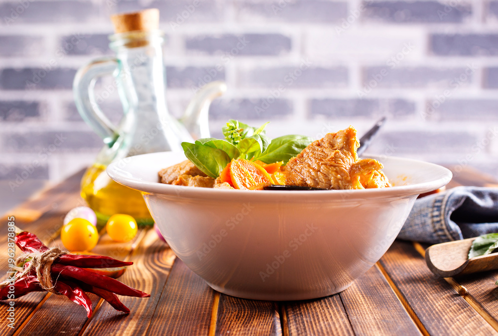 Homemade meat and vegetable stew or soup with tomato Homemade meat and vegetable stew or soup with tomato