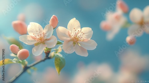 Delicate cherry blossoms in soft focus against a serene background.