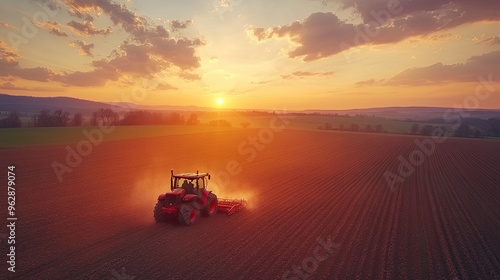 Aerial view of tractor with seeding machine on the field at sunset