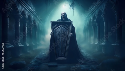 A vampire emerging from a coffin in a dark, foggy crypt photo