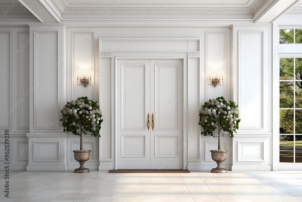 Fototapeta premium 3d render of a white door in a white wall with plants