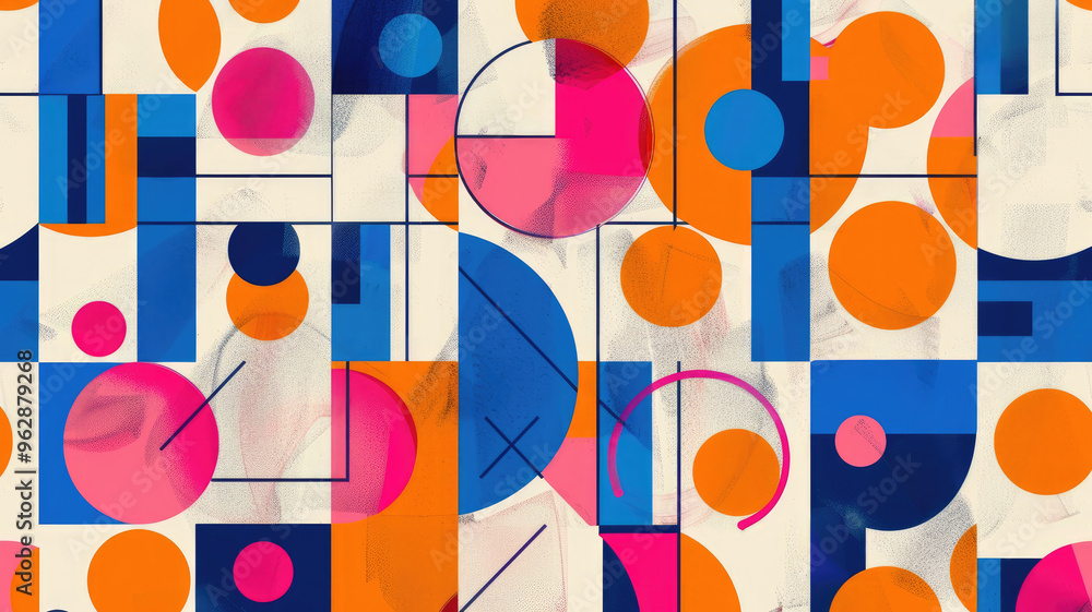 Abstract Bauhaus style seamless pattern with geometric shapes featuring circles and squares in orange, blue and fuchsia Abstract Bauhaus style seamless pattern with geometric shapes featuring circles and squares in orange, blue and fuchsia