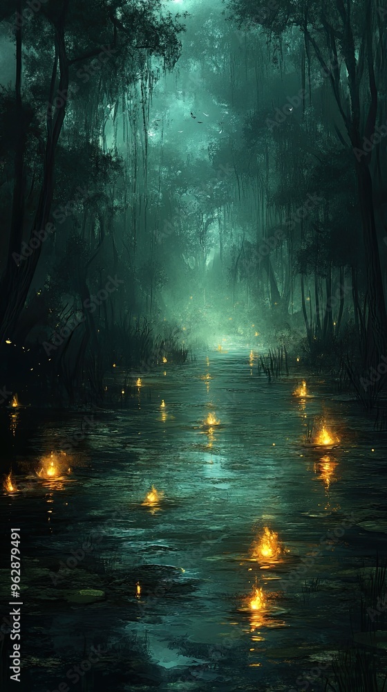 Naklejka premium An eerie swamp with glowing will-o'-the-wisps