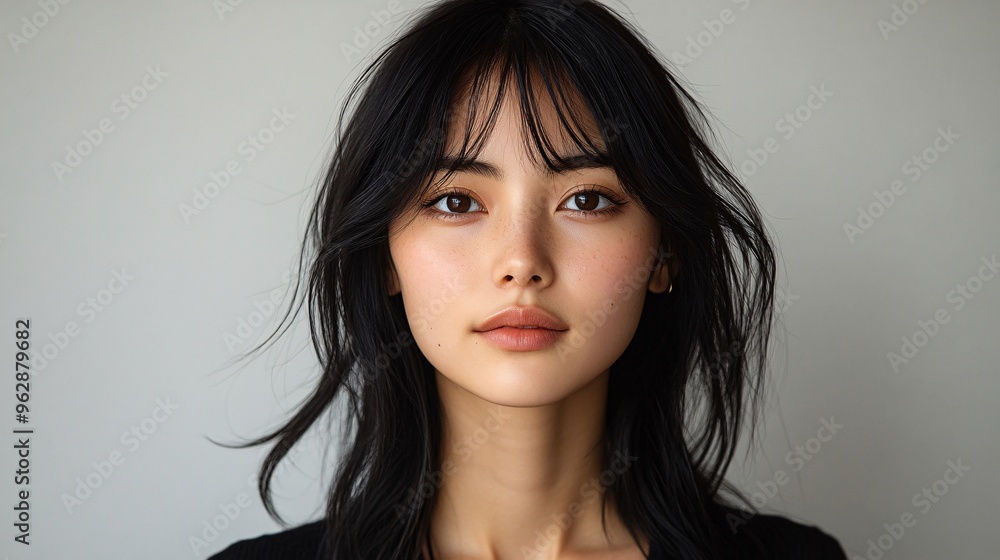 portrait of a woman with long hair, bangs, and a black outfit. She has soft facial features and looks directly at the camera in front of her, against a white background portrait of a woman with long hair, bangs, and a black outfit. She has soft facial features and looks directly at the camera in front of her, against a white background