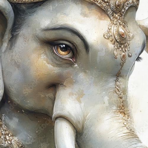 A close-up of Lord Ganesha's face with a look of calm focus, his eyes intense yet peaceful photo