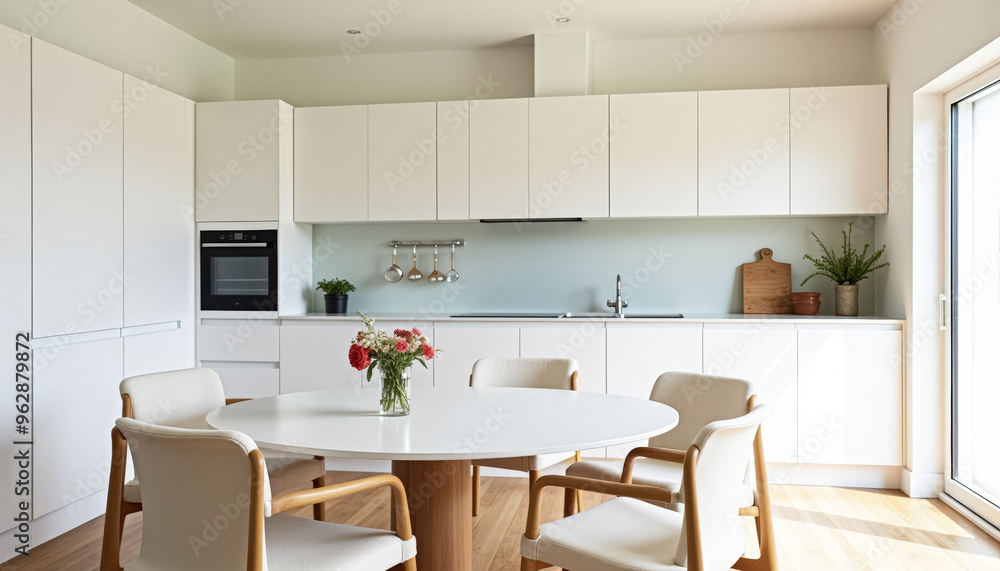 Fototapeta premium Minimalist White Kitchen with Wooden Table and Chairs