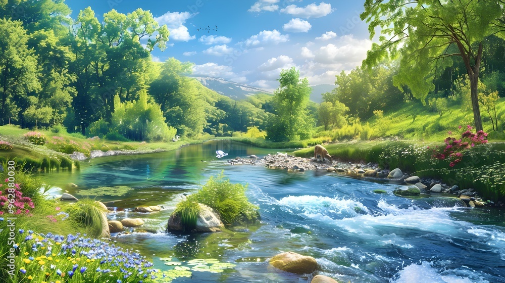 Serene River Landscape with Lush Greenery and Blue Sky Serene River Landscape with Lush Greenery and Blue Sky
