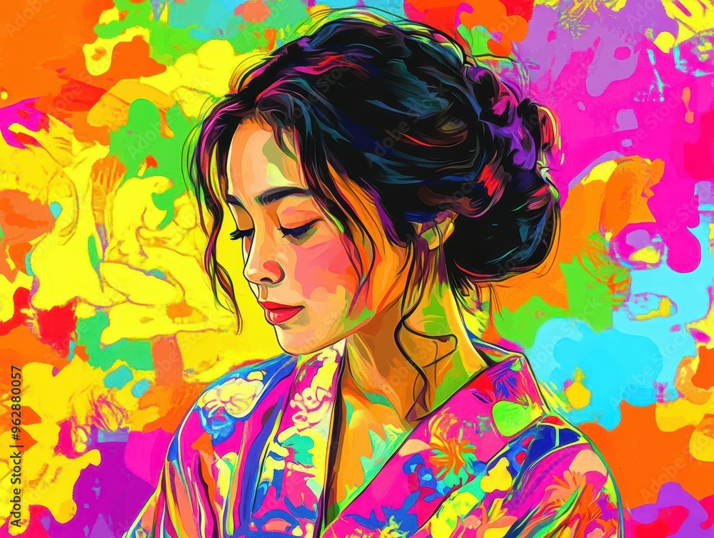 Asian girl in vibrant kimono, neoncolored pop art background, playful and modern Asian girl in vibrant kimono, neoncolored pop art background, playful and modern