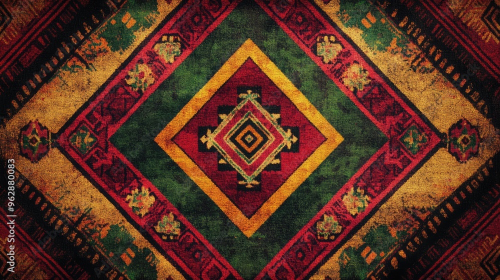 A high-resolution digital rendering of a Peruvian textile pattern with abstract geometric designs in deep reds and greens, reflecting the rich cultural heritage of the Andes. A high-resolution digital rendering of a Peruvian textile pattern with abstract geometric designs in deep reds and greens, reflecting the rich cultural heritage of the Andes.