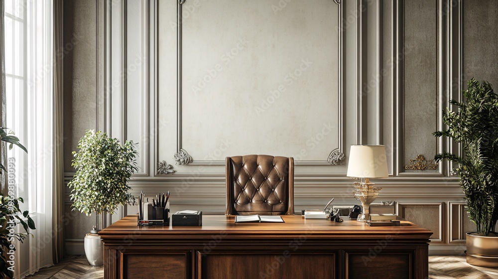 Luxurious Study Room with Elegant Wooden Desk and Stylish Decor, Copy Space at the Top for Text Overlay Luxurious Study Room with Elegant Wooden Desk and Stylish Decor, Copy Space at the Top for Text Overlay