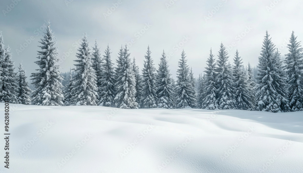 A serene winter landscape featuring snow-covered ground and tall evergreen trees under a cloudy sky. A serene winter landscape featuring snow-covered ground and tall evergreen trees under a cloudy sky.