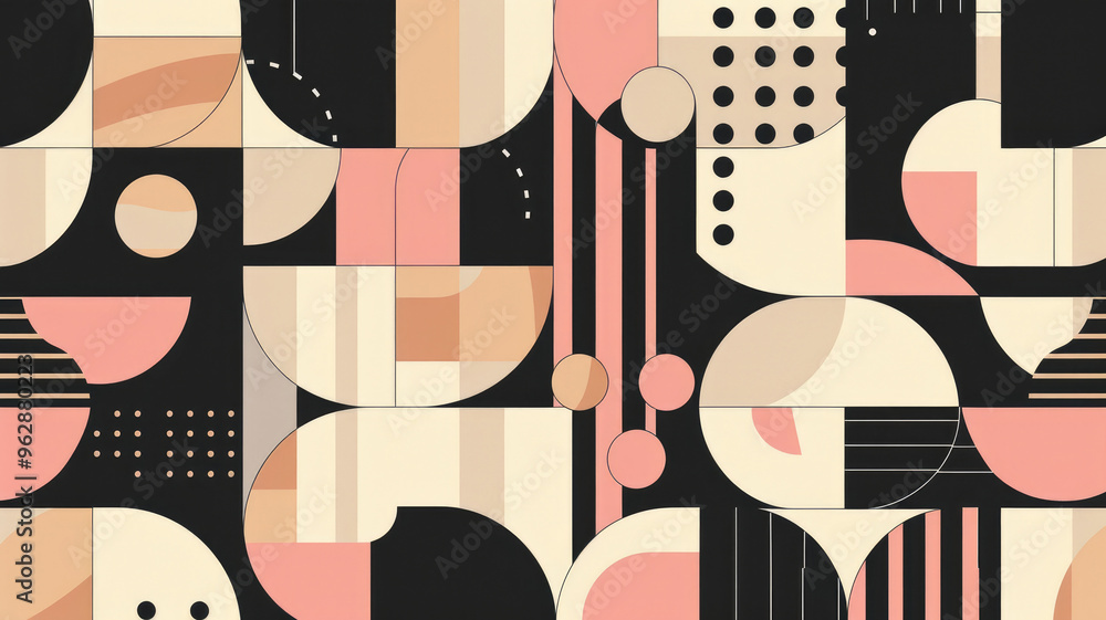 Abstract Bauhaus style seamless pattern with geometric shapes featuring shapes and clean lines in black, rose and beige Abstract Bauhaus style seamless pattern with geometric shapes featuring shapes and clean lines in black, rose and beige