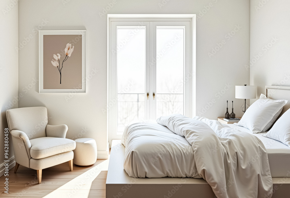 Fototapeta premium Minimalist Bedroom with White Bed and Armchair