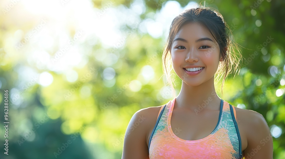 Beautiful and fit young Asian woman wearing tank top outdoors smiling sweetly at camera Beautiful and fit young Asian woman wearing tank top outdoors smiling sweetly at camera