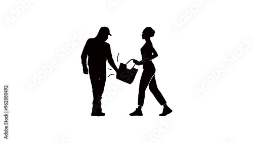 street robbery, robber trying to take away bag from woman, black isolated silhouette