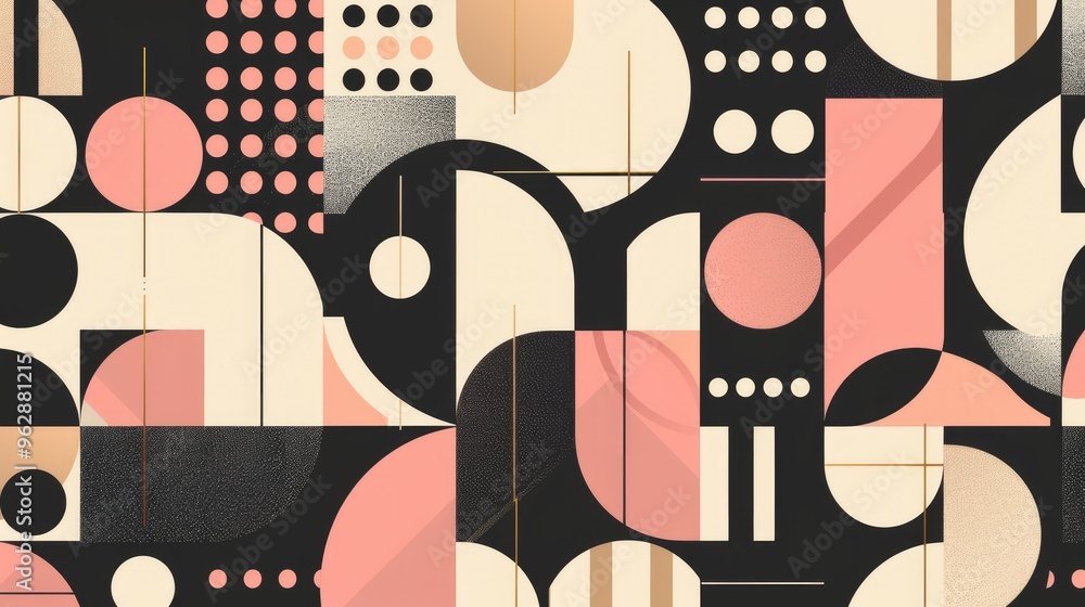 Abstract Bauhaus style seamless pattern with geometric shapes featuring shapes and clean lines in black, rose and beige Abstract Bauhaus style seamless pattern with geometric shapes featuring shapes and clean lines in black, rose and beige