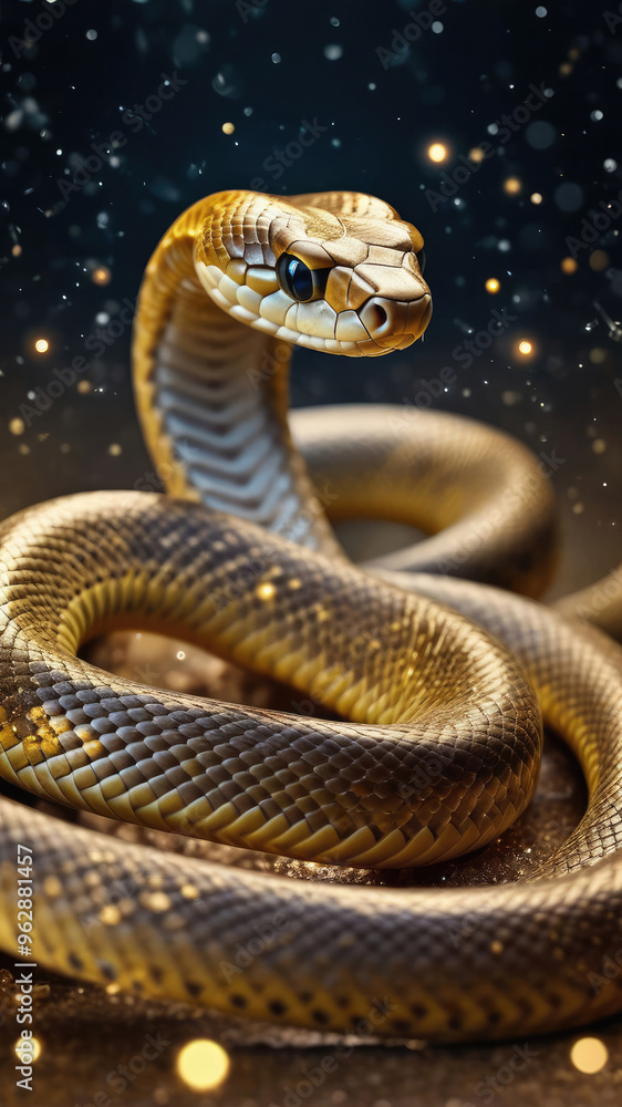 Gold snake on the background of the lights with a bokeh effect for the design of cards and invitations for the Christmas holidays. Gold snake on the background of the lights with a bokeh effect for the design of cards and invitations for the Christmas holidays.