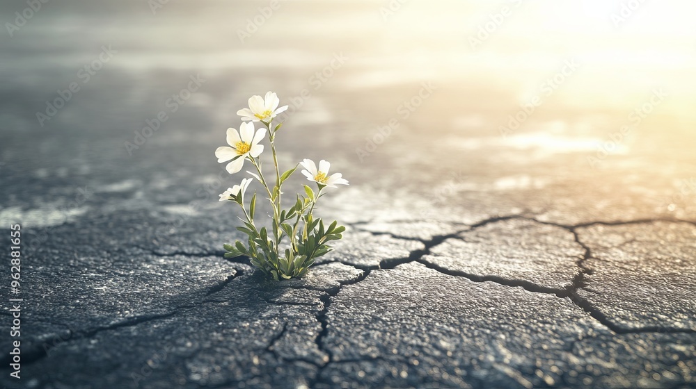 delicate flowers growing out of cracks in a smooth asphalt surface ...