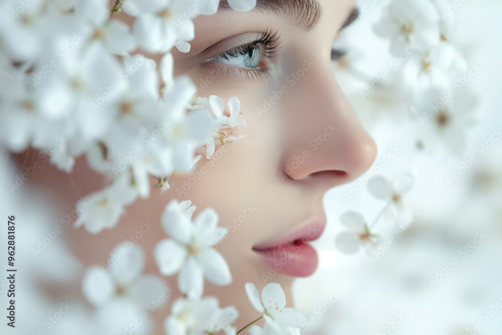 Stunning woman surrounded by white flowers. Intimate, private atmosphere with copyspace. Artistic beauty, elegance. Perfect for perfume fragrance, decor inspiration, femininity. Stunning woman surrounded by white flowers. Intimate, private atmosphere with copyspace. Artistic beauty, elegance. Perfect for perfume fragrance, decor inspiration, femininity.