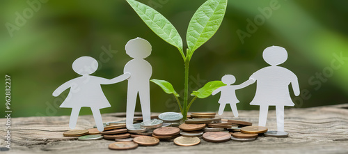 Paper family figures with a growing plant standing on a pile of coins, symbolizing growth, family, and financial stability.