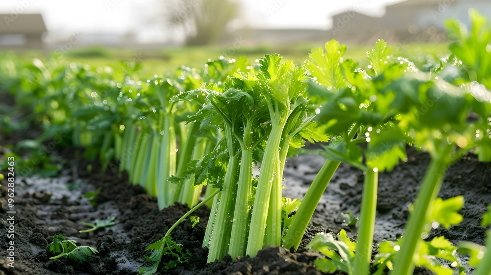 Fototapeta premium Fresh Celery Stalks Growing in a Garden Field