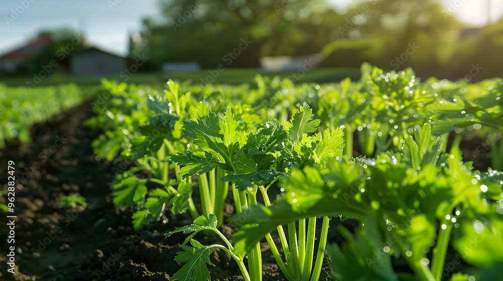 Close-Up of Lush Green Celery Plants in a Garden Close-Up of Lush Green Celery Plants in a Garden