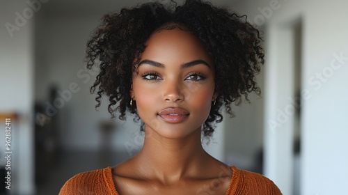 Black woman with short curly standing in her home looking directly at the camera and smiling gently, elegant orange top white furniture, aesthetic face shows