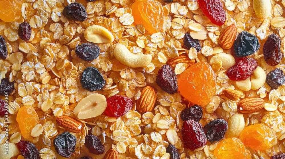 Oil painting depicting a vibrant and crispy granola blend featuring honey nuts dried fruits and grains Captivating healthy food imagery showcasing oatmeal granola Oil painting depicting a vibrant and crispy granola blend featuring honey nuts dried fruits and grains Captivating healthy food imagery showcasing oatmeal granola