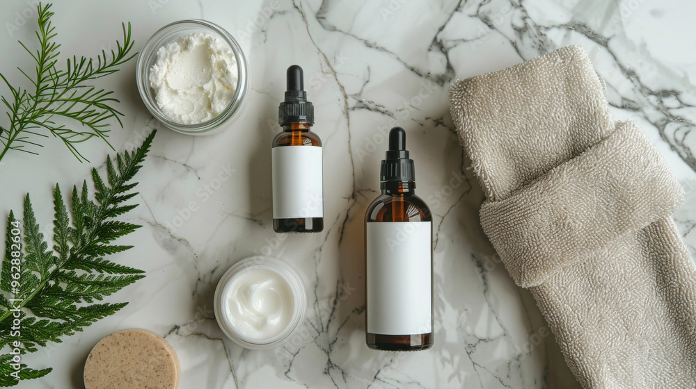 Natural skincare products arranged on marble surface, featuring bottles and jars with blank labels, accompanied by towel and greenery. Natural skincare products arranged on marble surface, featuring bottles and jars with blank labels, accompanied by towel and greenery.