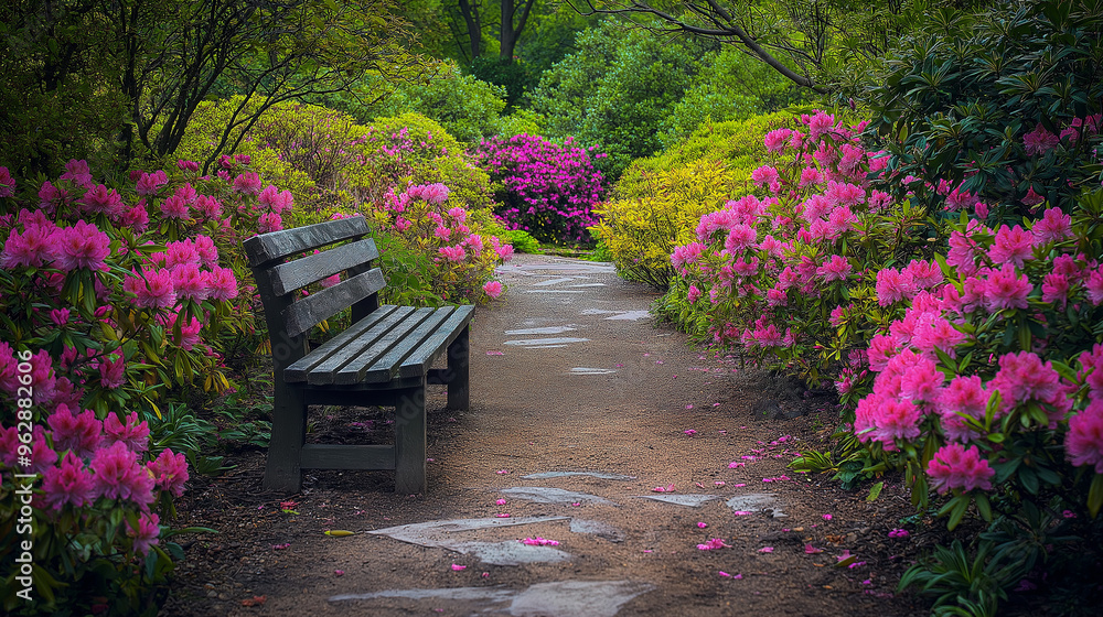 A serene photo of a quiet garden bench surrounded by blooming pastel-colored azaleas, creating a peaceful retreat A serene photo of a quiet garden bench surrounded by blooming pastel-colored azaleas, creating a peaceful retreat