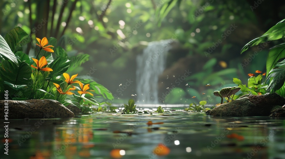 Fototapeta premium Tropical Rainforest Waterfall and Flowers