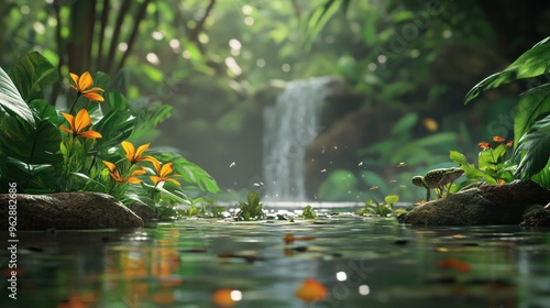 Tropical Rainforest Waterfall and Flowers