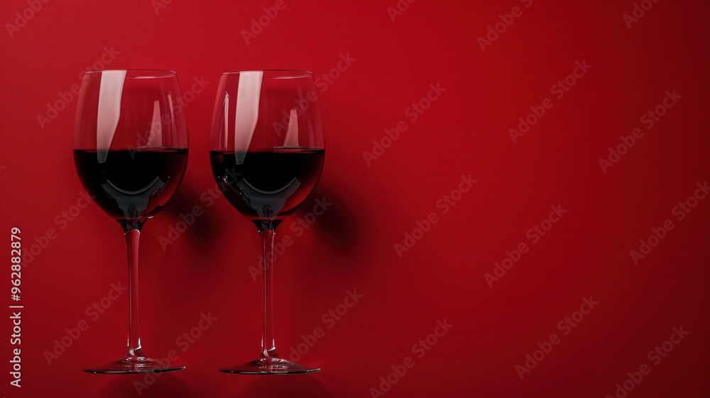 top view red wine in glass on a red background top view red wine in glass on a red background
