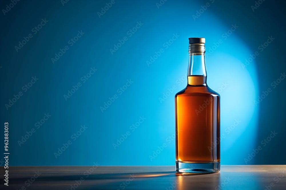 A glass bottle of whiskey standing on a wooden table with a minimalist blue background, creating a sophisticated, sleek, and stylish product presentation. A glass bottle of whiskey standing on a wooden table with a minimalist blue background, creating a sophisticated, sleek, and stylish product presentation.