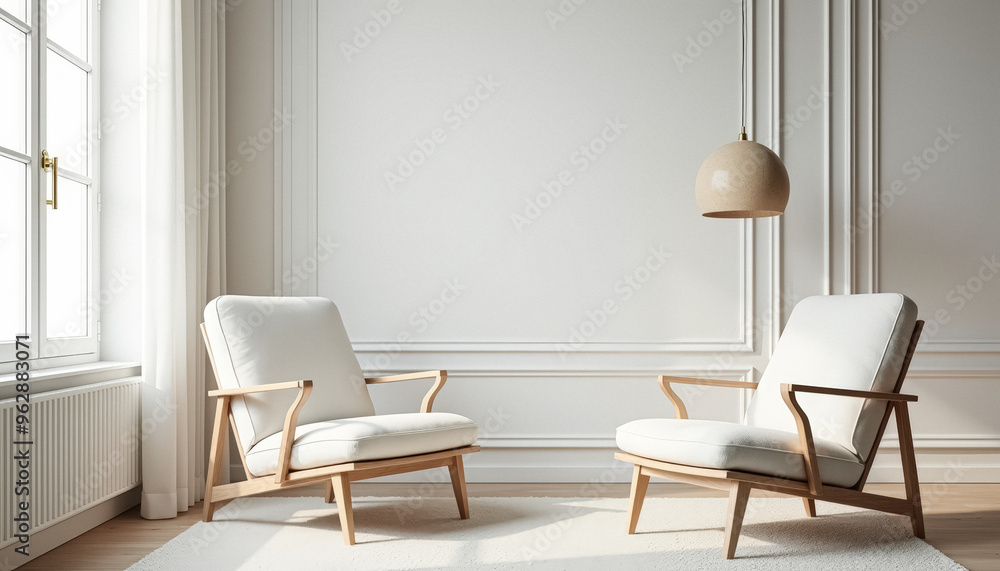 Minimalist Living Room with Two White Armchairs and a Pendant Light Minimalist Living Room with Two White Armchairs and a Pendant Light