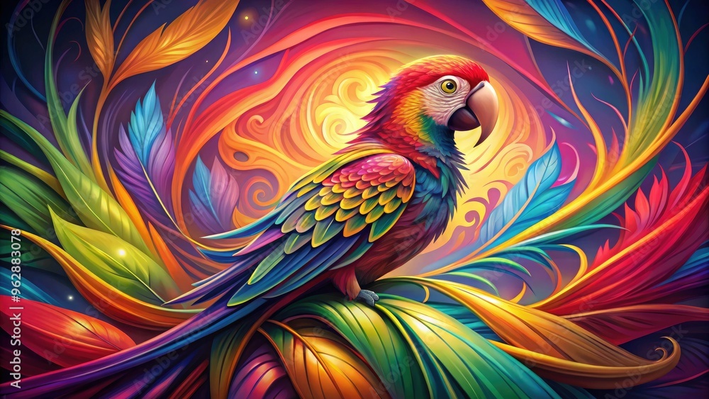 Obraz premium vibrant tropical parrot amidst swirling abstract vector shapes twilight hues