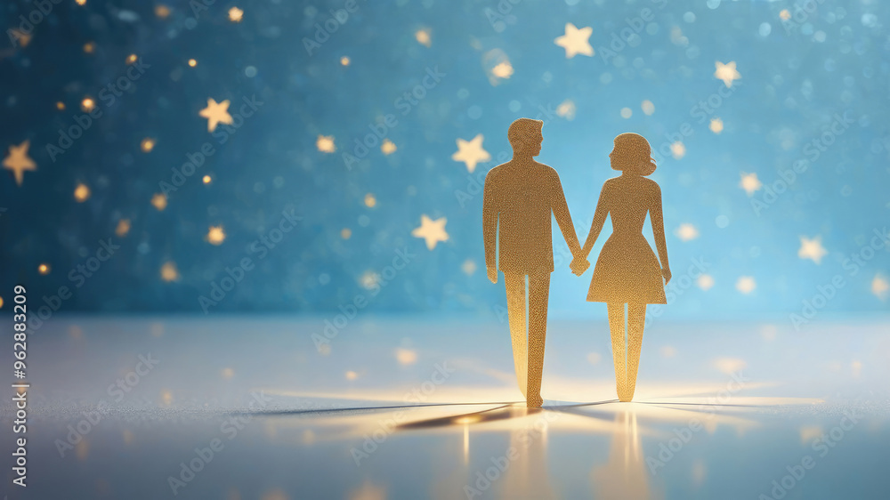 Paper cutout couple symbolizing partnership, family and relationships on a blue background with a bokeh effect. Paper cutout couple symbolizing partnership, family and relationships on a blue background with a bokeh effect.