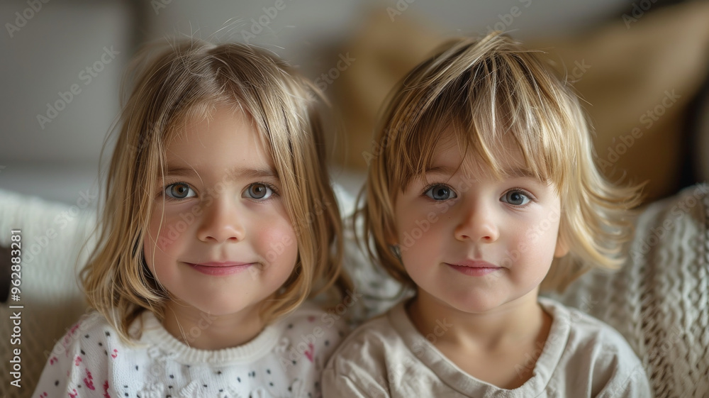 Two adorable blonde children smiling together, showcasing their joyful expressions. Two adorable blonde children smiling together, showcasing their joyful expressions.