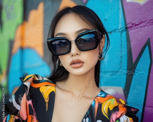 Young Asian woman posing with oversized sunglasses, graffitiinspired background, bold and dynamic photo