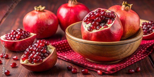 A vibrant image showcasing ripe pomegranates and their seeds in a wooden bowl, emphasizing their fresh texture and vibrant red color. Perfect for food photography.