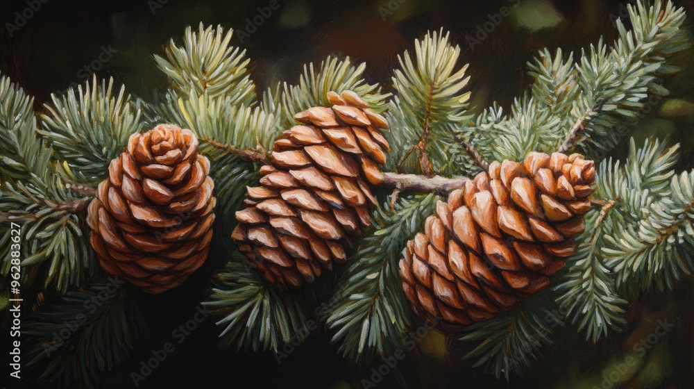 Oil painting showcasing cones from a European spruce tree highlighting their intricate details and natural beauty Oil painting showcasing cones from a European spruce tree highlighting their intricate details and natural beauty