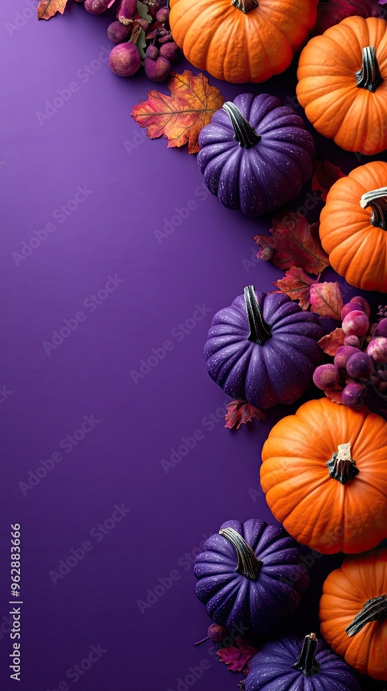Bright purple background with friendly pumpkin patterns Bright purple background with friendly pumpkin patterns