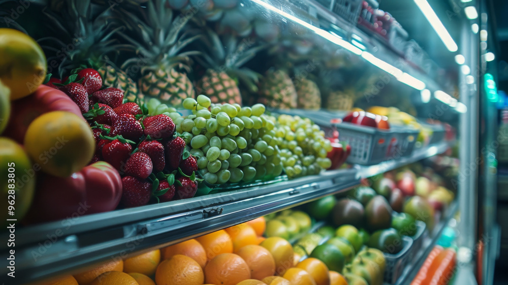 Fresh produce display featuring vibrant fruits like strawberries, grapes, and oranges, arranged in refrigerated section. Fresh produce display featuring vibrant fruits like strawberries, grapes, and oranges, arranged in refrigerated section.