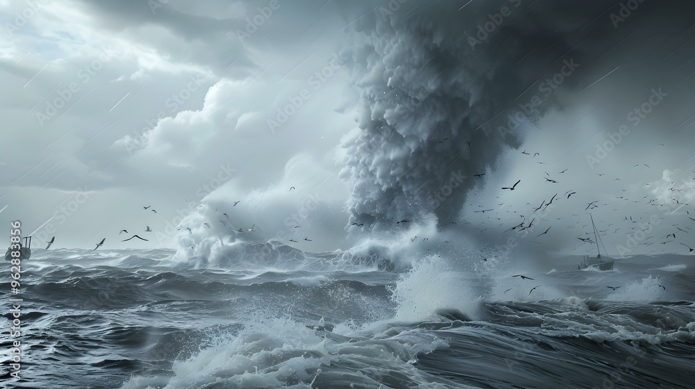 Fototapeta premium Stormy Sea Dramatic Ocean Waves and Birds